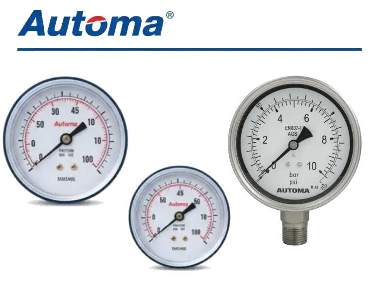 Automa AG10 compressed air pressure gauge Malaysia – brass with glycerin-filled option for air compressors and pneumatic systems.