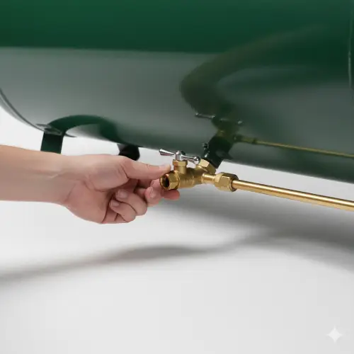 Technician opening the drain valve under a Fusheng piston air compressor tank to release accumulated condensate.