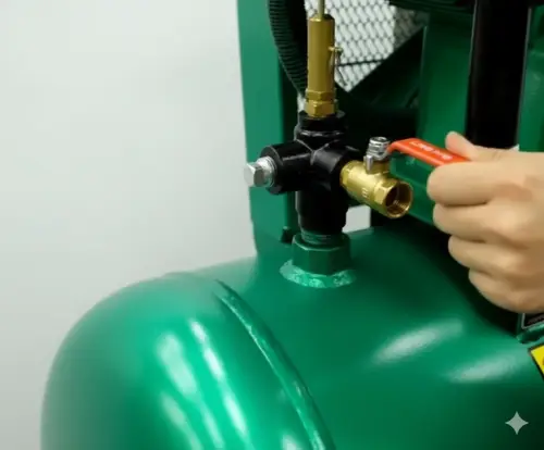 Technician opening the valve to release compressed air from a Fusheng air compressor before starting maintenance work.