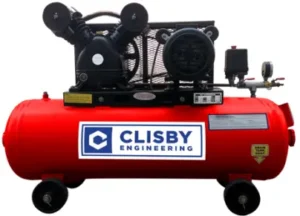 Clisby two-stage horizontal air compressor model using RotaOil RC8 ISO VG 100 oil for industrial lubrication