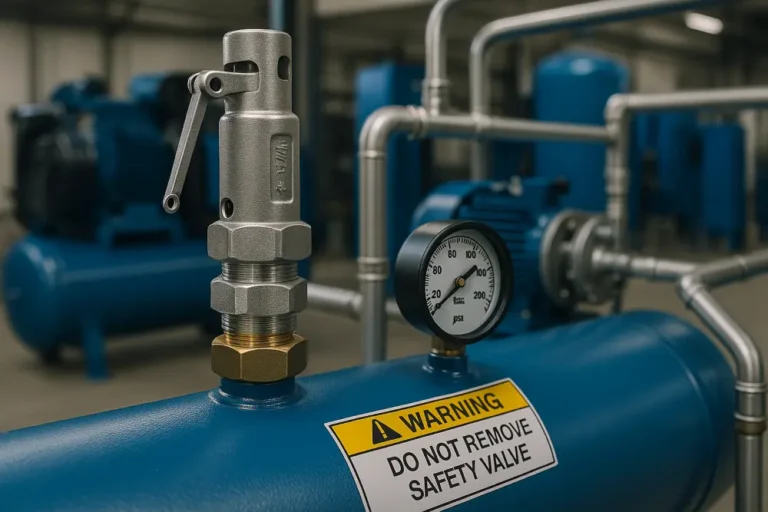 Photo of an industrial air compressor system with stainless steel safety valve on an air receiver tank in a Malaysian factory
