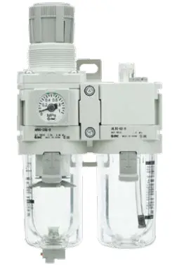 An SMC AC-A series modular Filter-Regulator-Lubricator (FRL) unit, showing the filter, regulator with pressure gauge, and lubricator components connected together.