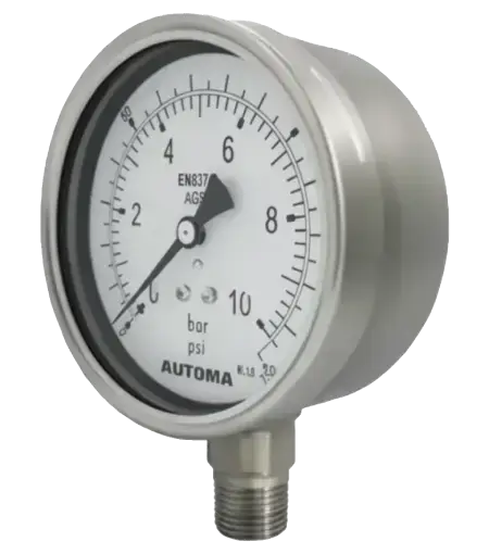 Automa AG52 Stainless Steel Pressure Gauge, 10 bar/150 psi, sharp focus, high-resolution