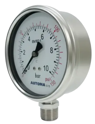 Side view of Automa AG58 stainless steel pressure gauge liquid-filled, side view