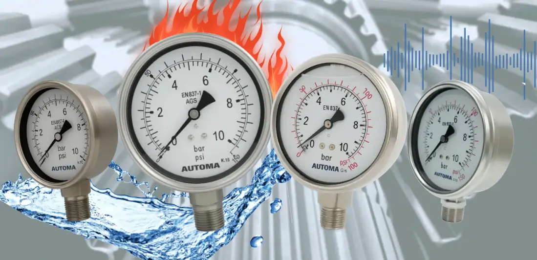 AUTOMA stainless steel pressure gauges measuring bar and psi, shown with water, fire, and vibration icons representing harsh industrial environments.